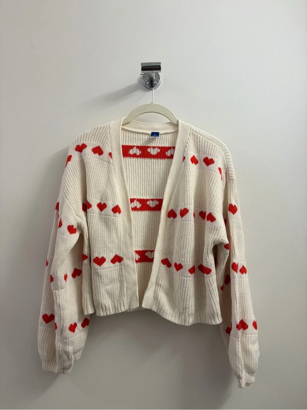 Old Navy Cream Open-Front Cardigan with Red Heart Accents